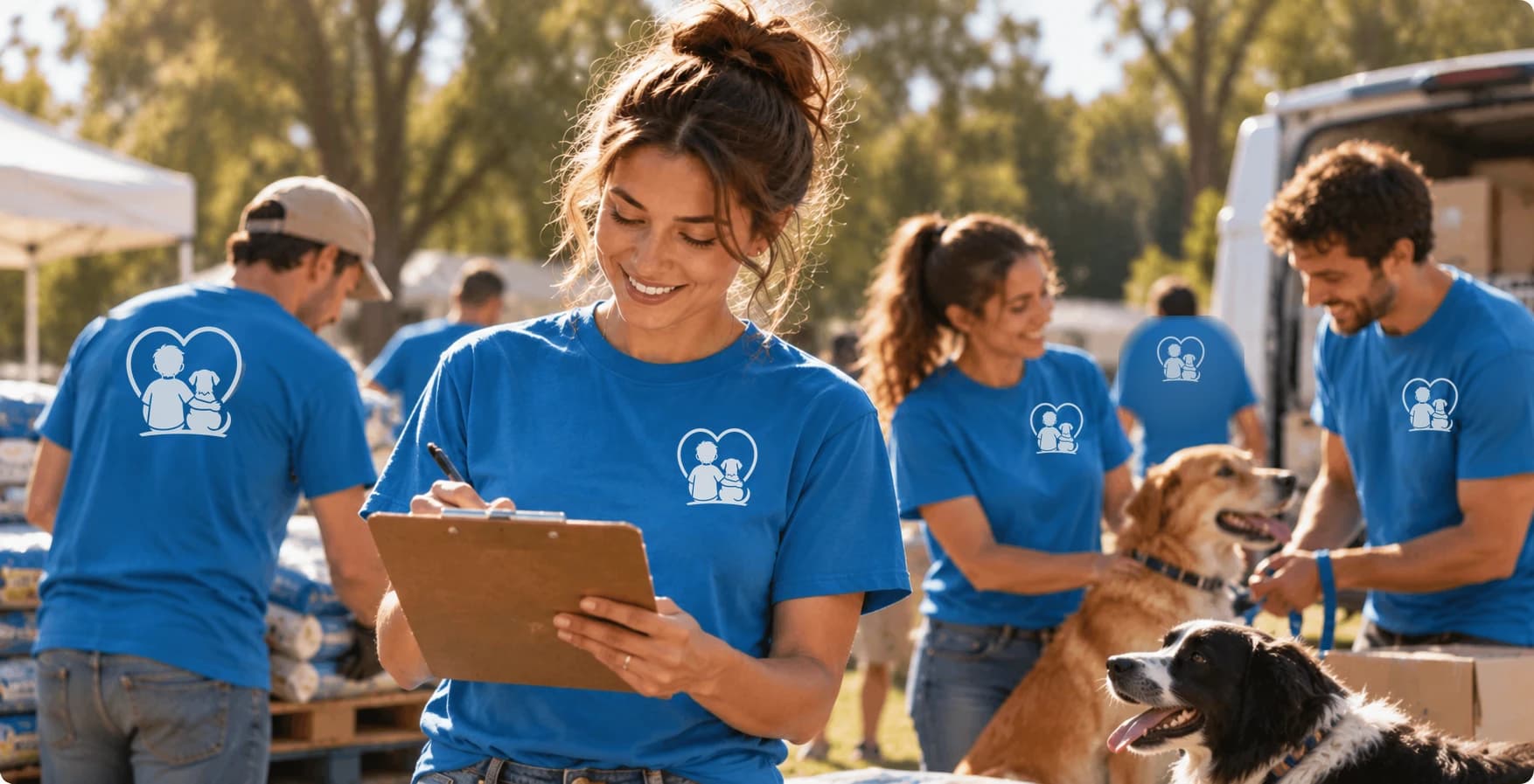 Volunteers in blue Save the Kids and Dogs shirts sorting supplies and caring for dogs at a community supply drive