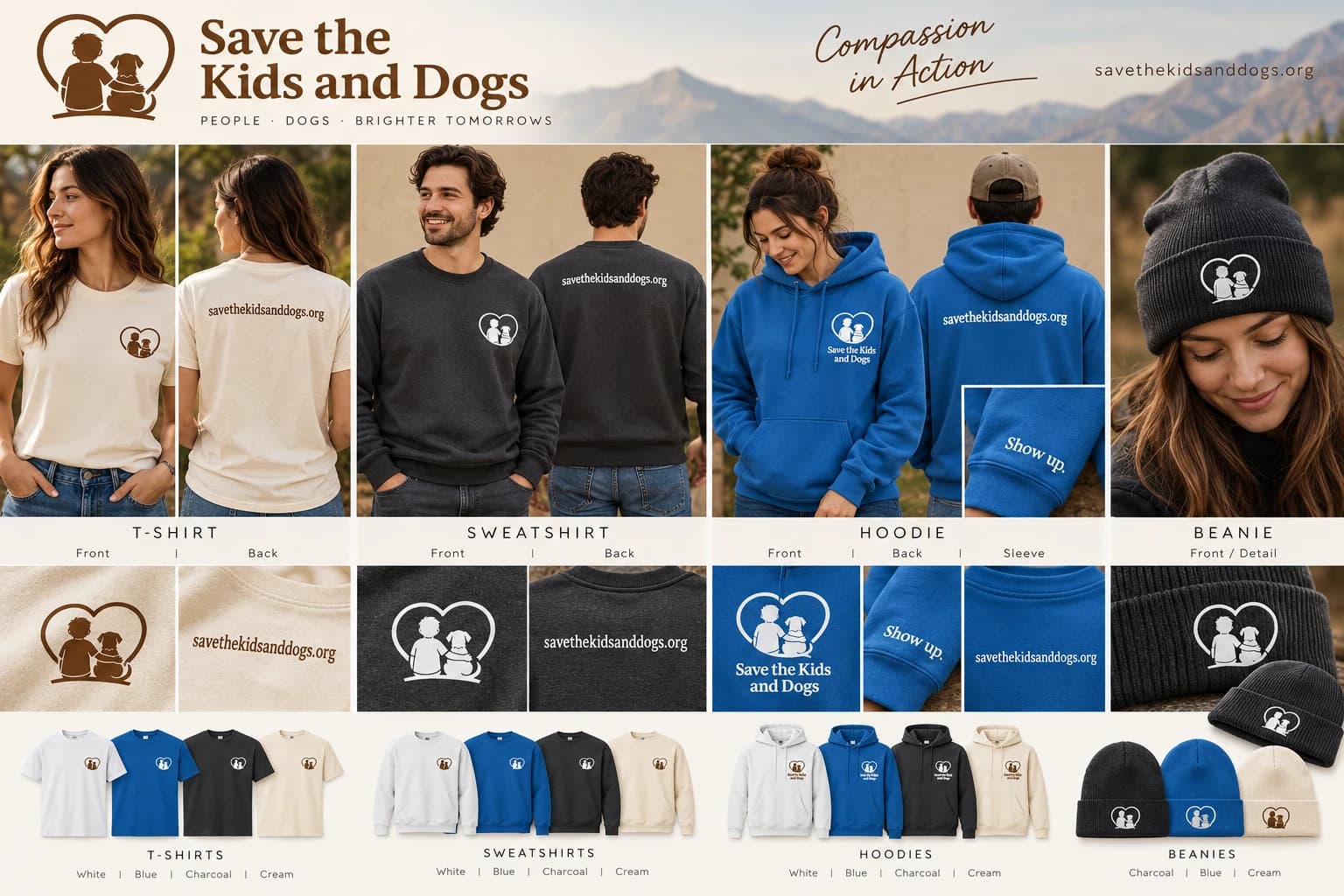 Mock-ups of the Save the Kids and Dogs T-shirt, sweatshirt, hoodie and beanie, each with the heart logo on the front and the website on the back